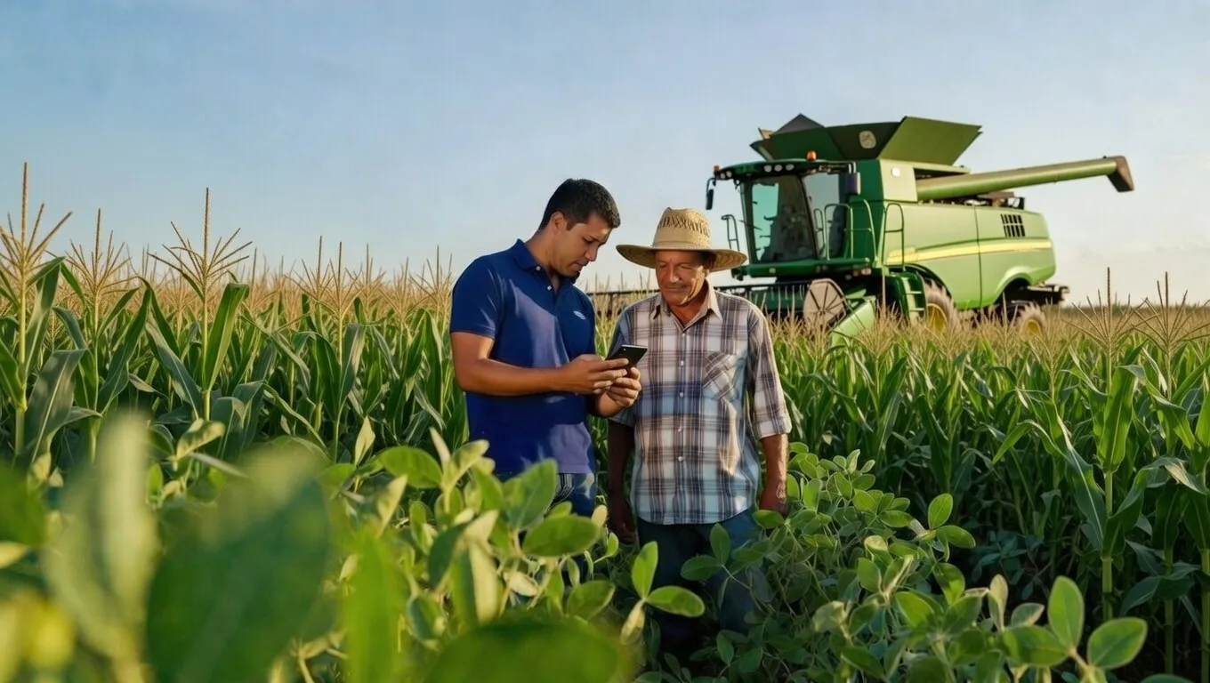 Agente de transformação local avaliando agricultor no campo com tablet