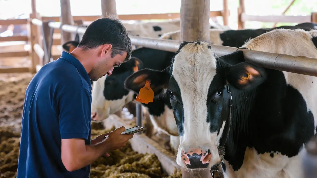 Veterinário inspecionando brinco RFID em vaca leiteira no curral
