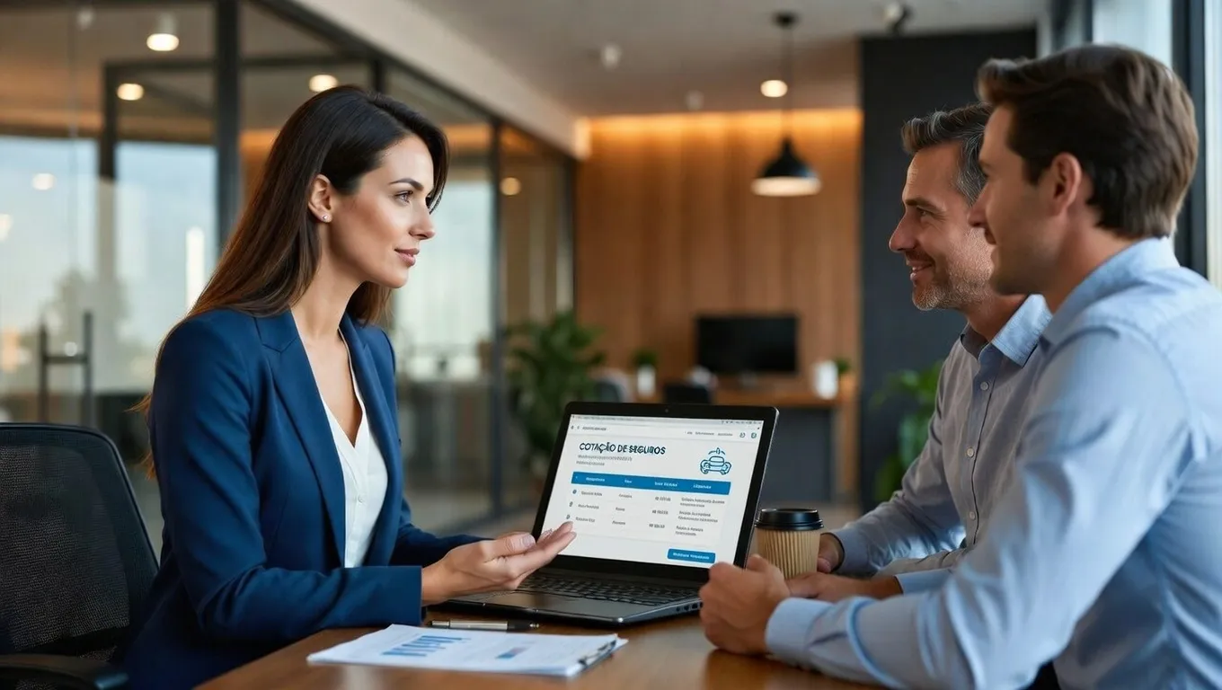 Corretora de seguros apresentando cotação multicálculo para clientes