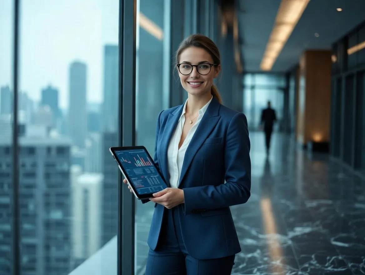 Executiva em sede bancária com tablet de dados financeiros