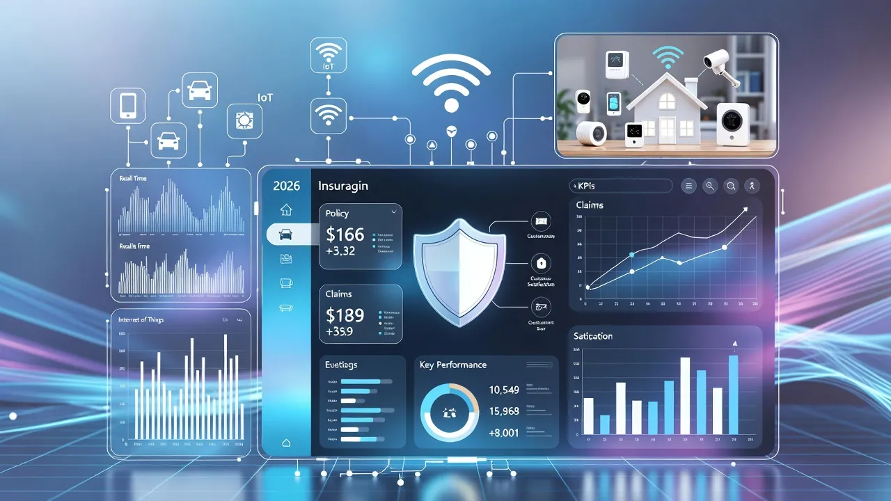 Dashboard de insurtech com escudo de proteção, IoT, KPIs e gráficos de seguros para 2026