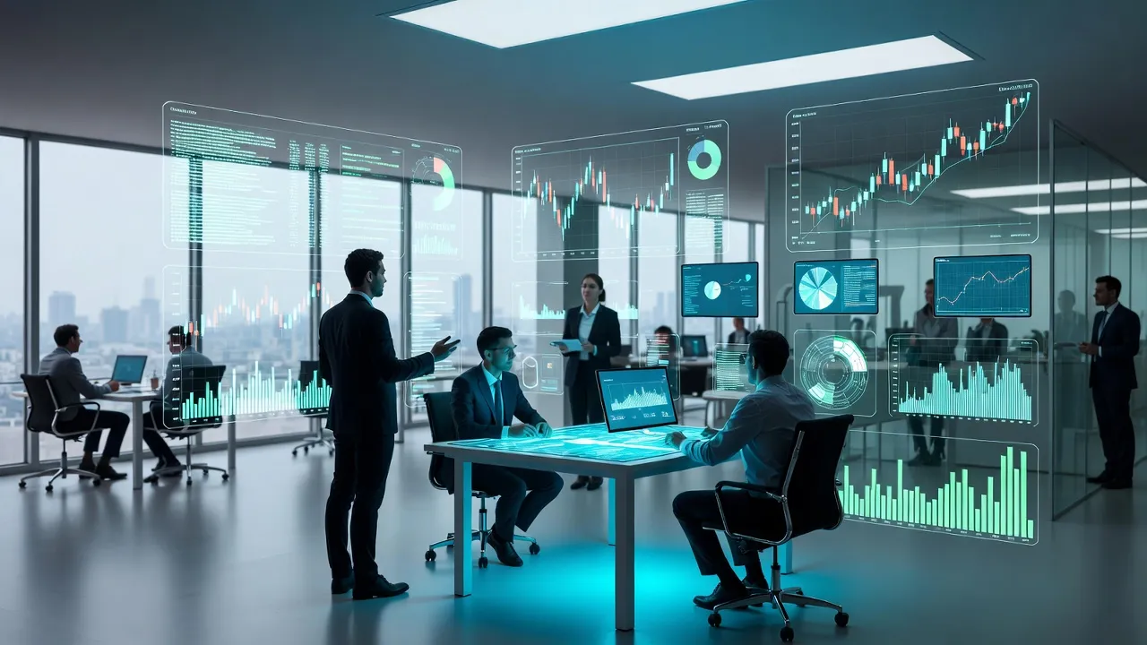 Escritório futurista com dashboards holográficos e profissionais colaborando - transformação digital em cooperativas
