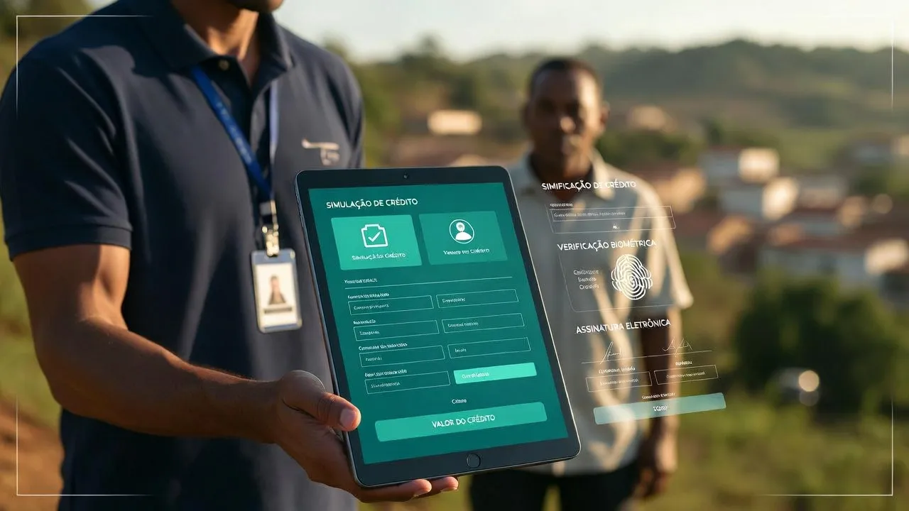 Correspondente bancário usando tablet com simulação de crédito e verificação biométrica em cidade do interior