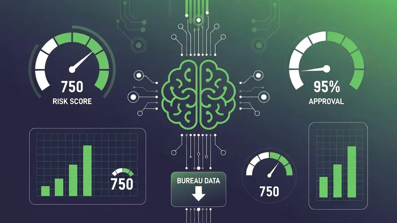 Motor de inteligência artificial analisando dados de crédito com gráficos de risco e aprovação