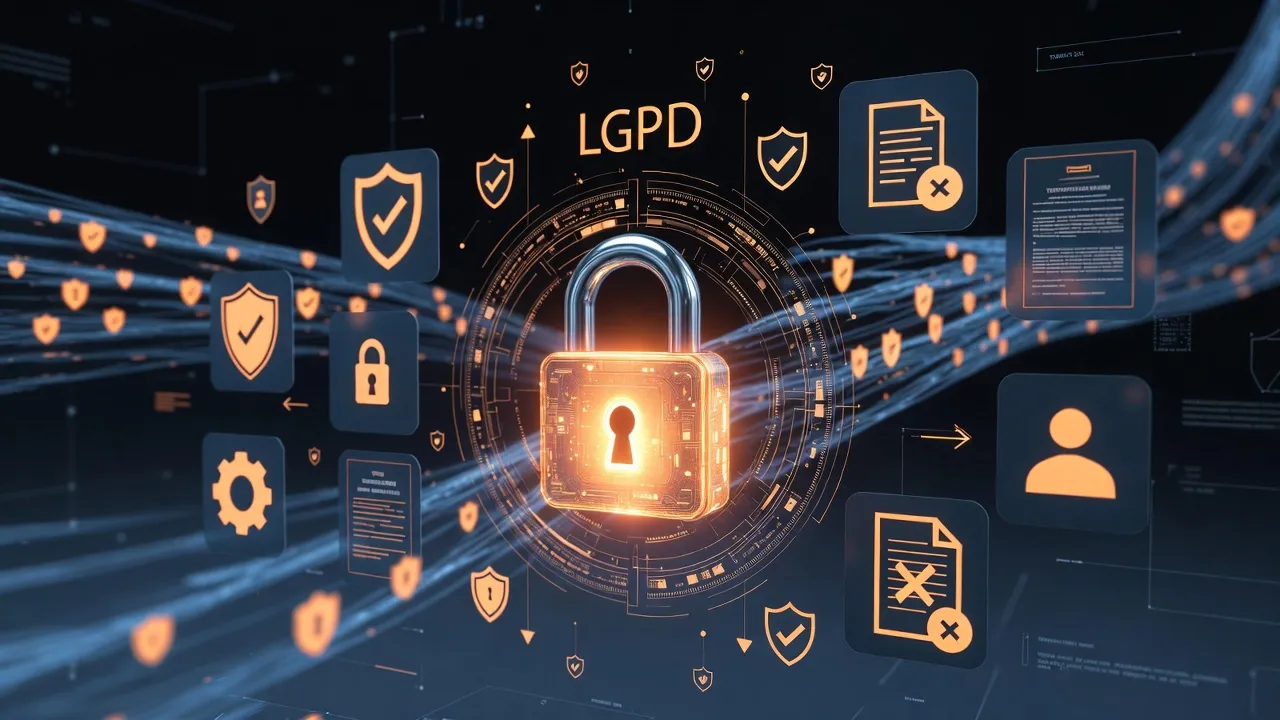 Cadeado digital com ícones de LGPD, escudos de proteção e documentos de privacidade