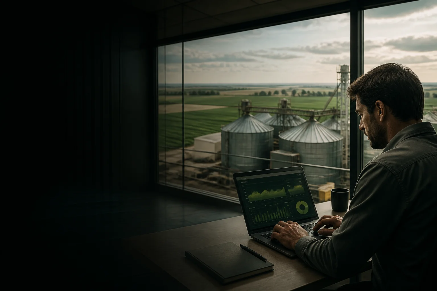 Operação do agronegócio com silos, lavouras e análise de dados em um computador