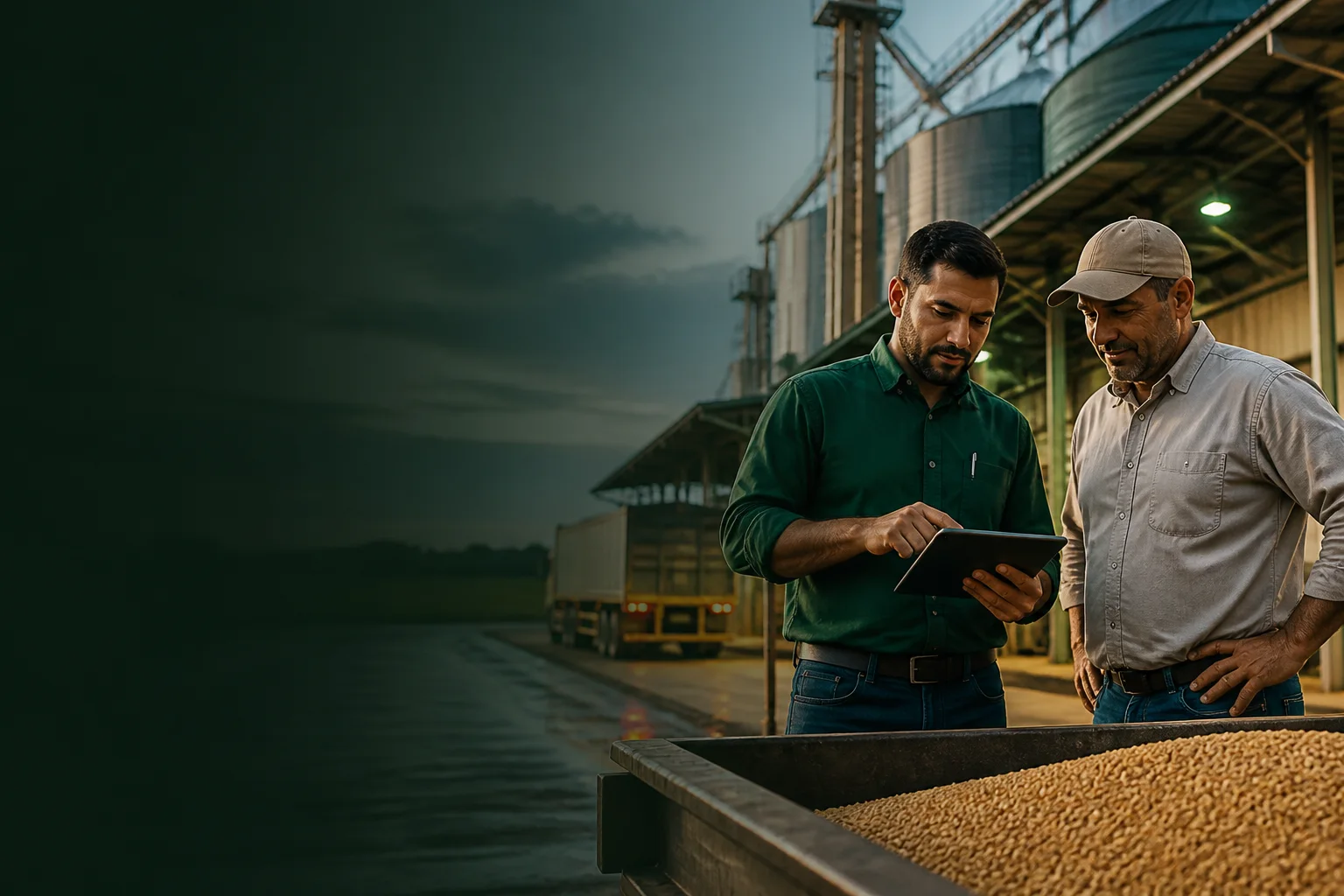 Gestor de cooperativa agrícola e produtor analisando informações no recebimento de grãos