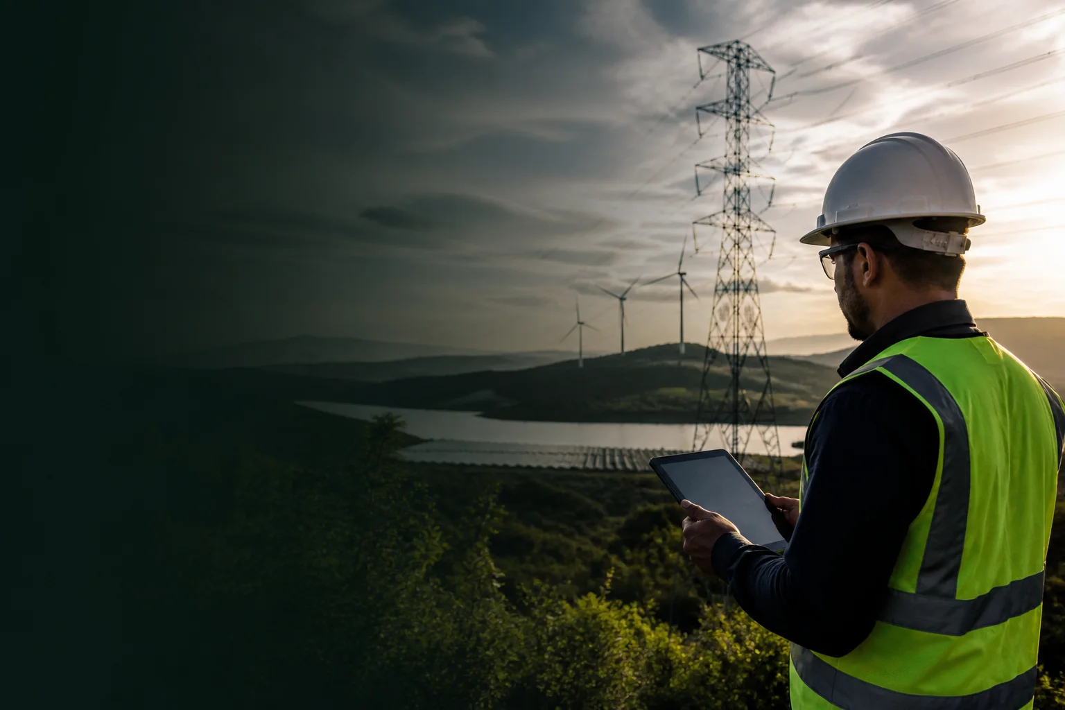 Engenheiro acompanhando infraestrutura elétrica e ativos de energia em campo