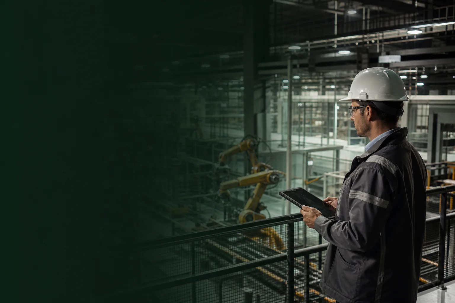 Engenheiro acompanhando uma linha de produção automatizada em uma indústria moderna