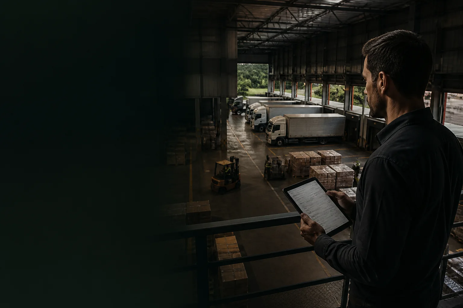 Profissional acompanhando uma operação logística em centro de distribuição com caminhões